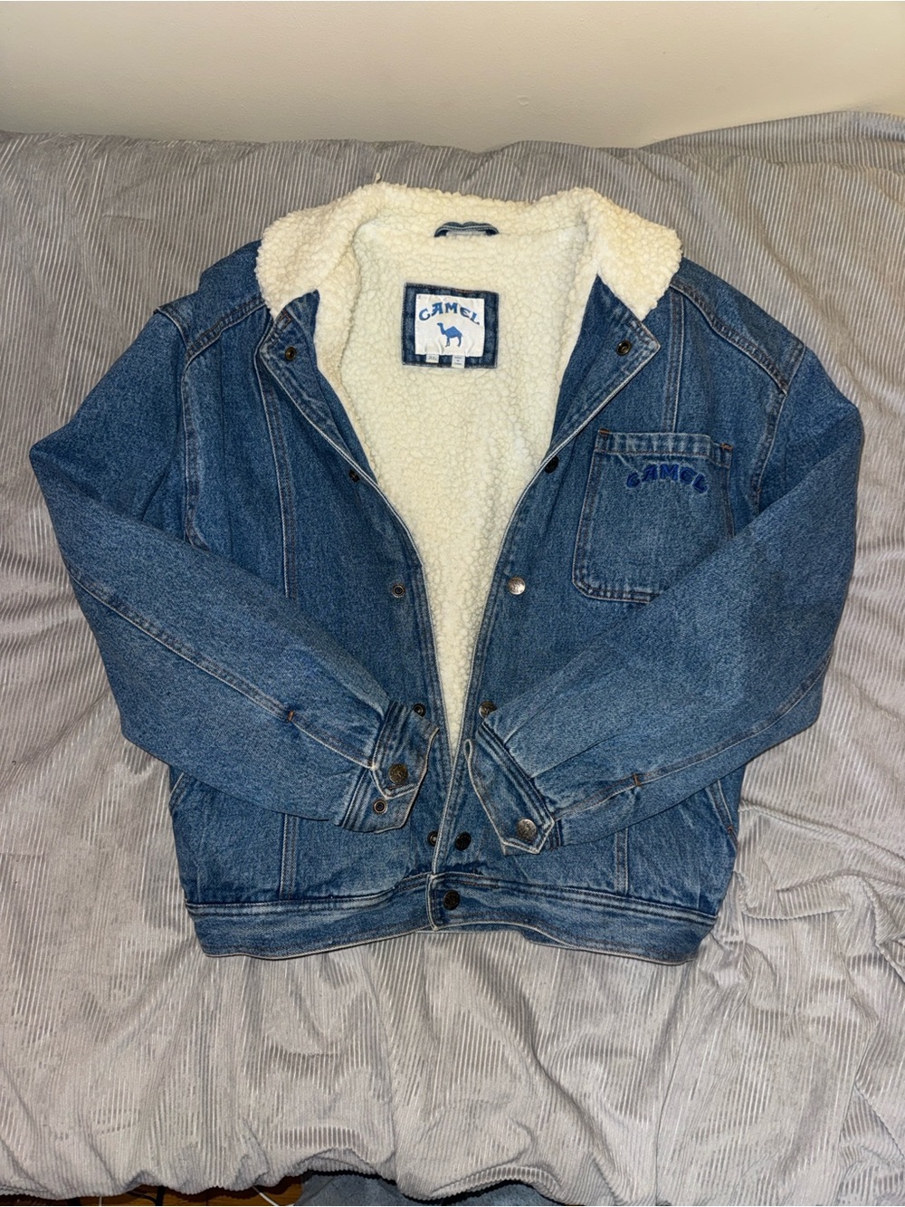 Vintage Camel Sherpa-Lined Denim Jacket - Blue